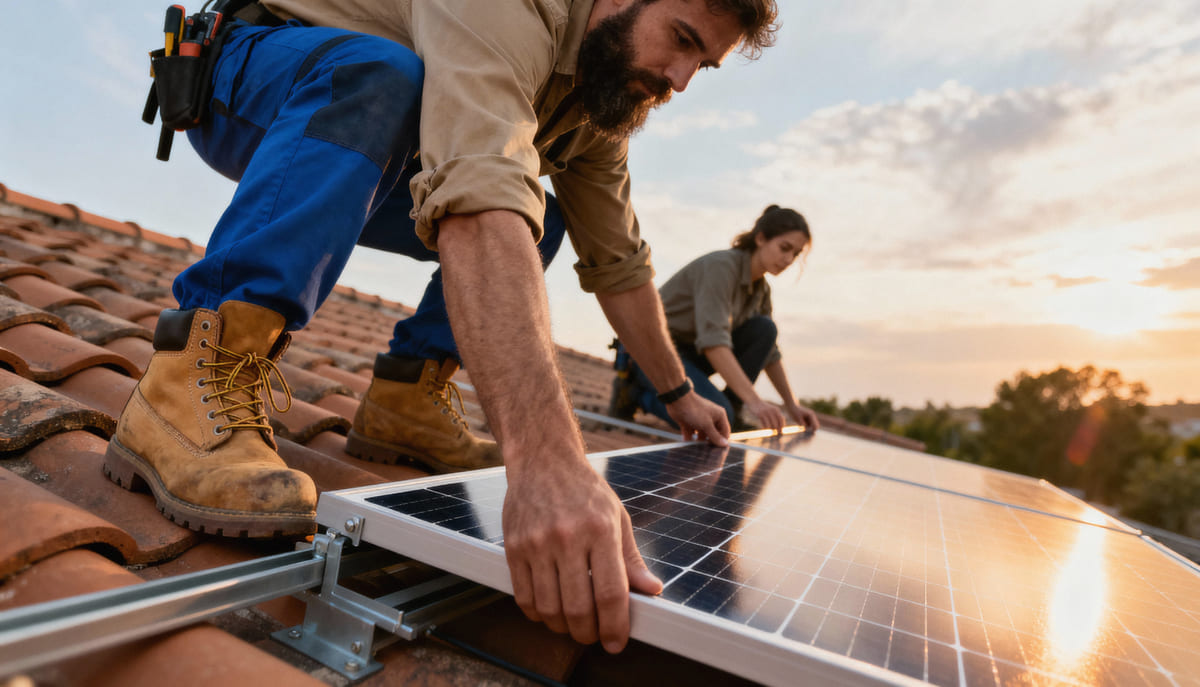 Fachada de uma casa com painéis instalados no telhado sob um céu azul, emoldurada por folhas amareladas, destacando a eficiência e a aplicação de um aquecedor solar residencial.