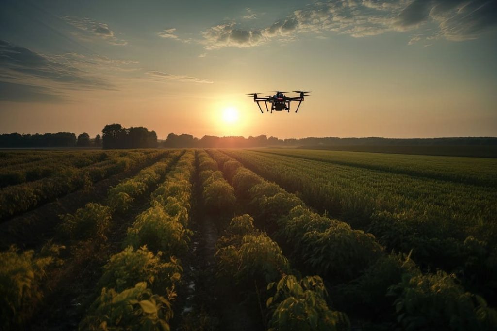 drone agrícola: um drone voando por cima de uma plantação, ao por do sol. 