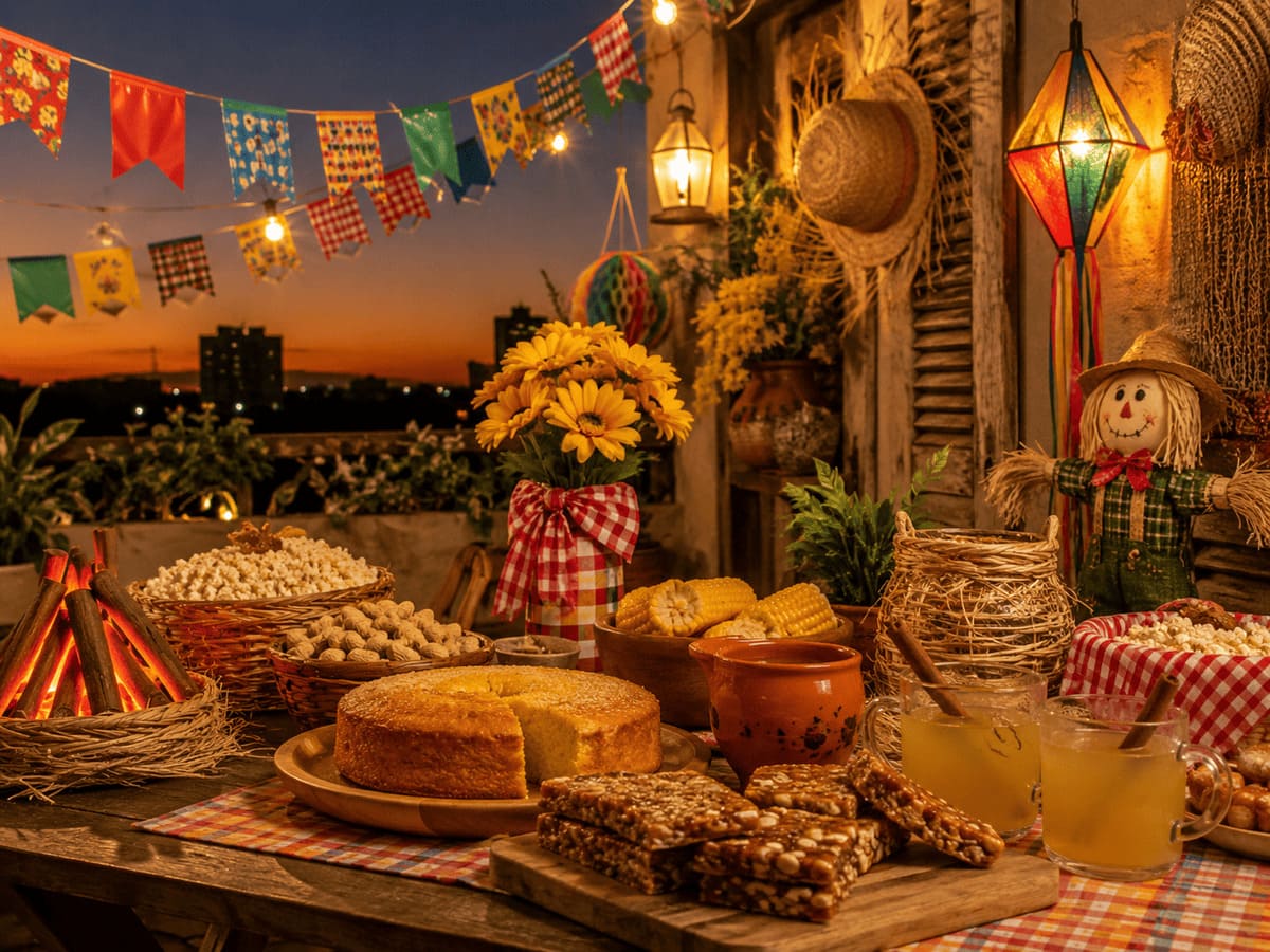 Mesa decorada com comidas típicas, bolo de milho, pipoca e pé de moleque sob bandeirinhas coloridas, mostrando como decorar uma festa junina em casa.