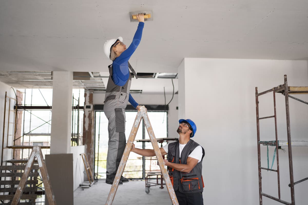 Dois trabalhadores da construção civil finalizando o teto de um ambiente, mostrando como um consórcio para reforma pode viabilizar a contratação de mão de obra especializada para a sua obra.