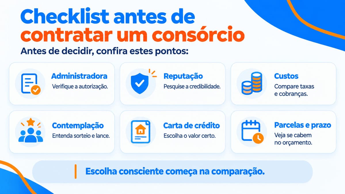 Infográfico com checklist de pontos a analisar ao contratar consórcio na Black Friday.