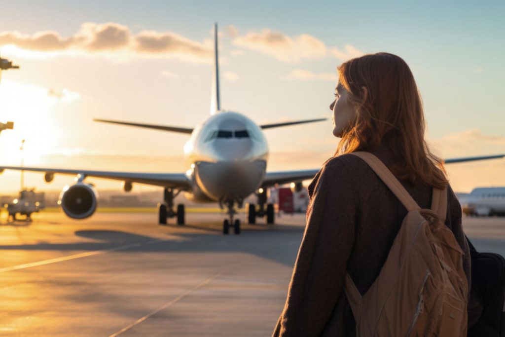 intercâmbio: uma mulher com uma mochila nas costas e em segundo plano um avião. 