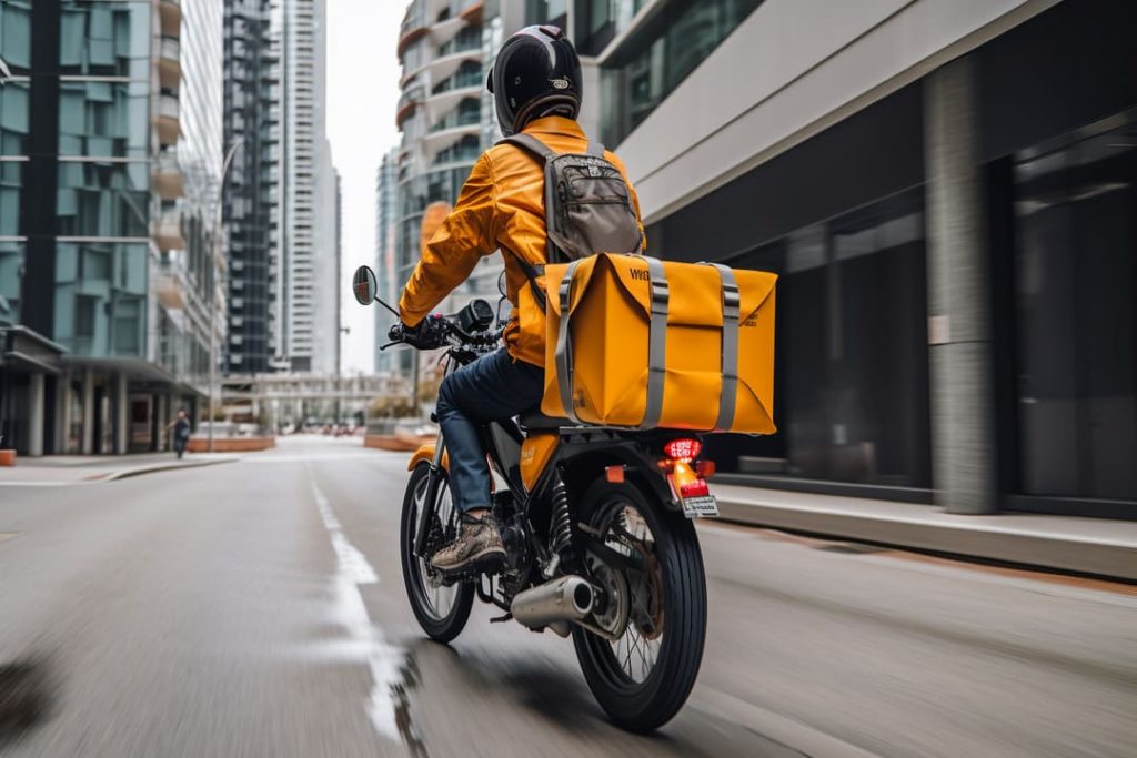renda extra com moto: um homem de roupa amarela, capacete preto e a caixa transportadora na cor amarela, andando de moto.
