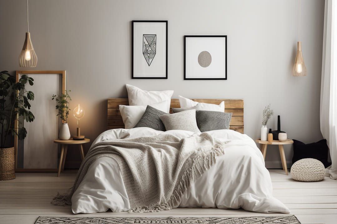 Design minimalista: uma cama de casal em tons claros. A cama é de madeira, com algumas almofadas brancas e cinzas.