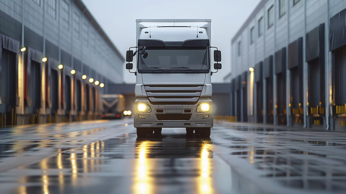 Caminhão truck branco estacionado em frente a um centro de distribuição, com o piso molhado refletindo as luzes do farol.