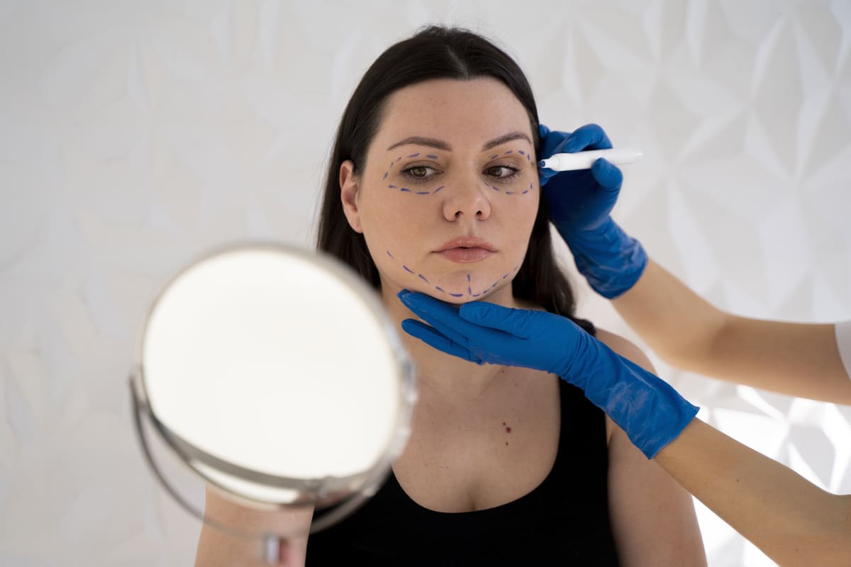 Mulher olhando no espelho enquanto profissional de estética faz contornos no rosto antes do procedimento da blefaroplastia.