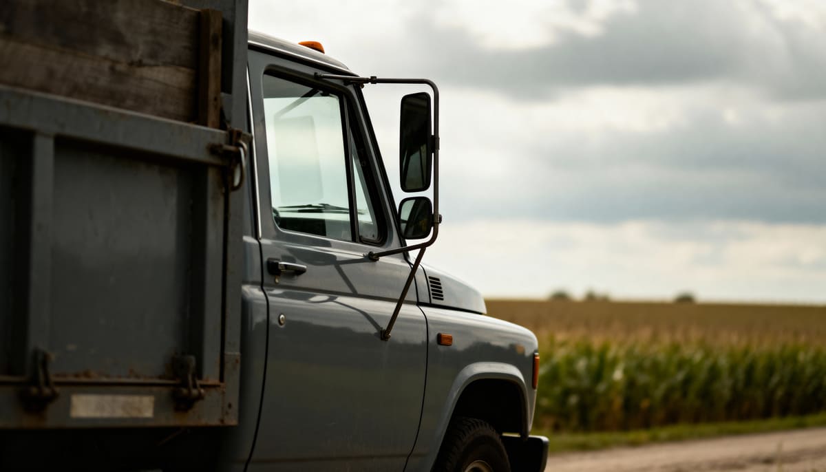 Lateral de um caminhão graneleiro cinza trafegando por uma estrada de terra ao lado de uma plantação agrícola em dia nublado.