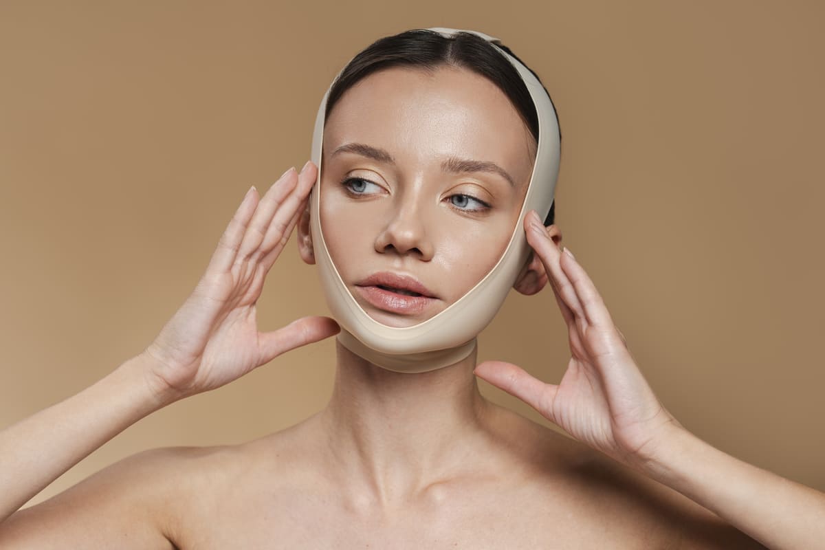 Mulher utilizando uma faixa compressiva facial e tocando o rosto, ilustrando os cuidados pós-operatórios de uma lipo de papada.