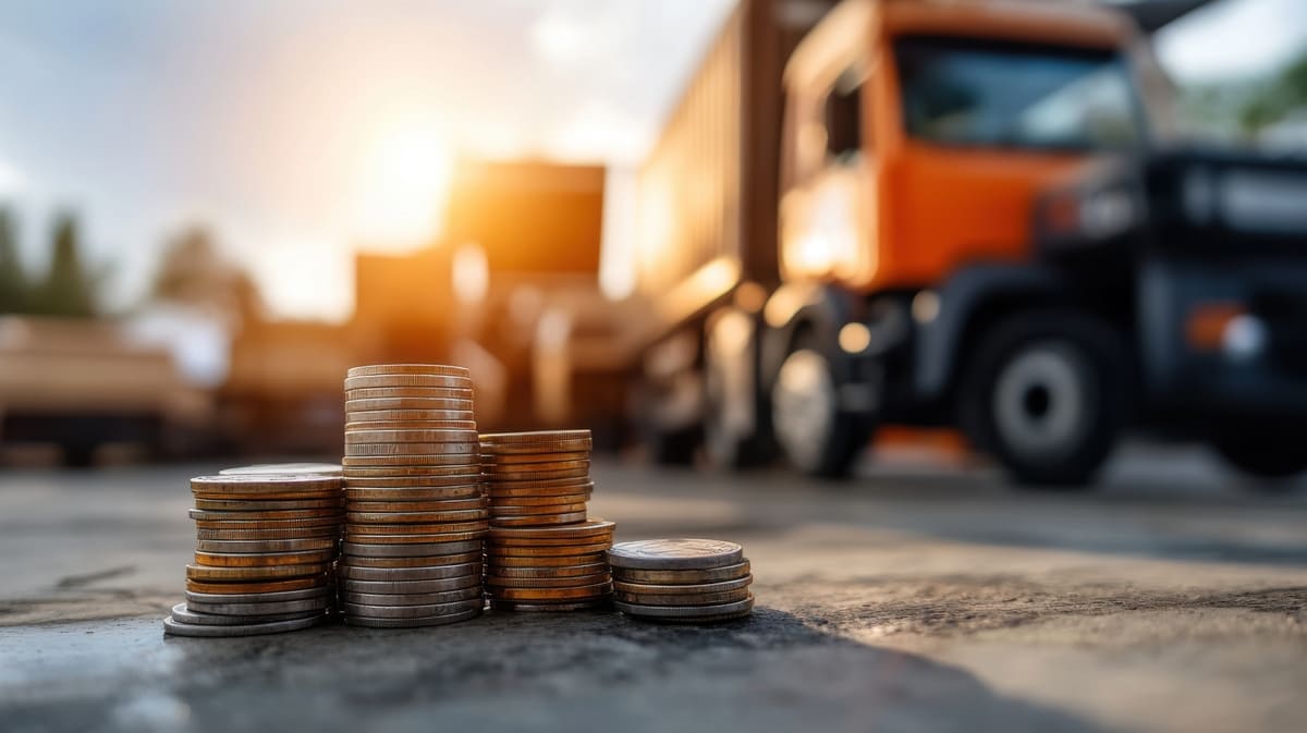 Close-up de várias pilhas de moedas sobre o asfalto iluminadas pelo sol, com um caminhão de carga desfocado ao fundo, simbolizando a importância do controle de gastos e da boa gestão de finanças para caminhoneiros.
