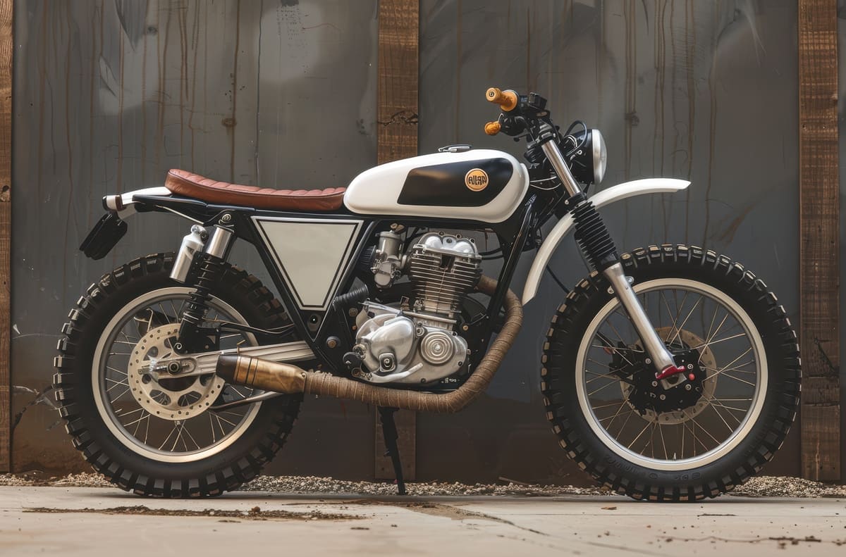 Moto scrambler customizada em branco e preto com assento de couro marrom e pneus de uso misto.