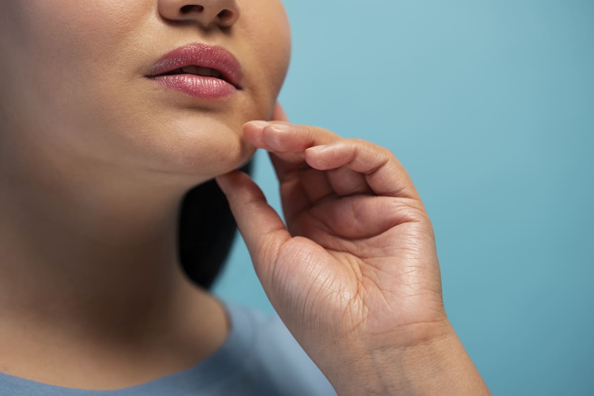 Closeup focado na região do queixo e lábios, destacando a área a ser trabalhada ou o resultado sutil de uma bichectomia.