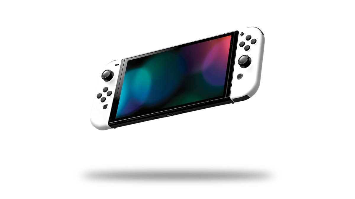 Ilustração de um console portátil híbrido com controles brancos e tela colorida, representando o conceito visual do Nintendo Switch 2.