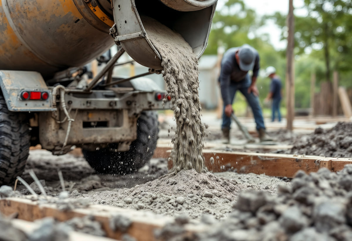 Concreto fresco sendo despejado diretamente de um caminhão betoneira em canteiro de obras.