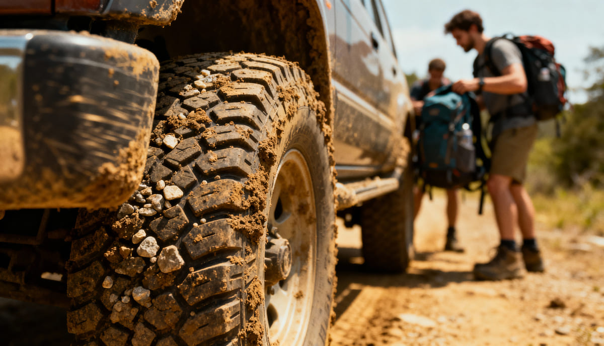 Pneu sujo de lama em destaque e aventureiros ao lado de carros off road.