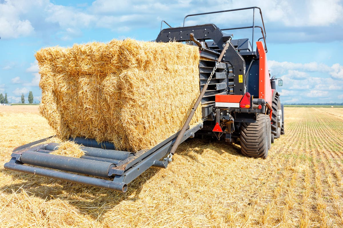 Maquinário agrícola opera no campo e produz um grande fardo de palha com sua enfardadeira.
