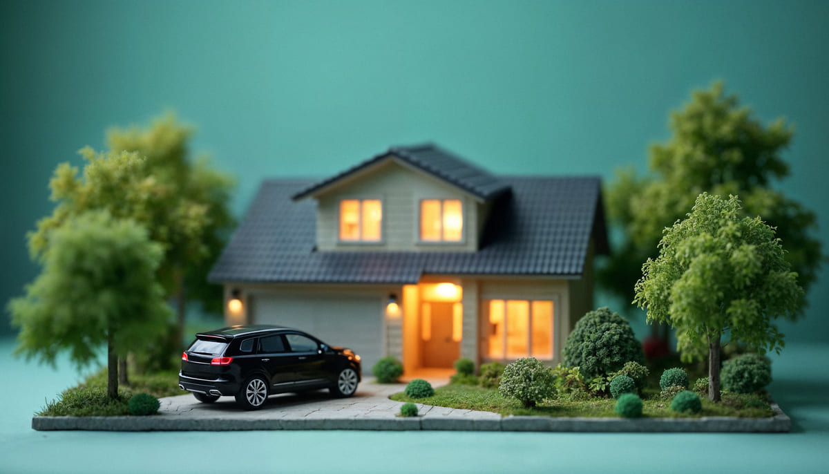 Maquete de casa e carro representando diferentes tipos de bens em fundo verde.