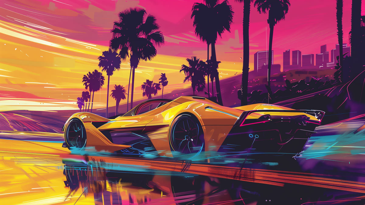 Ilustração de carro amarelo ao pôr do sol com palmeiras no estilo GTA 6.
