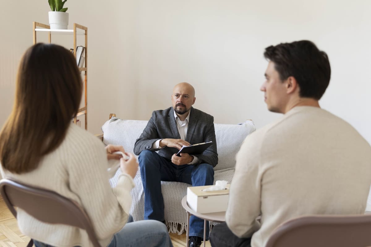 Casal conversando com profissional em sessão de terapia financeira.