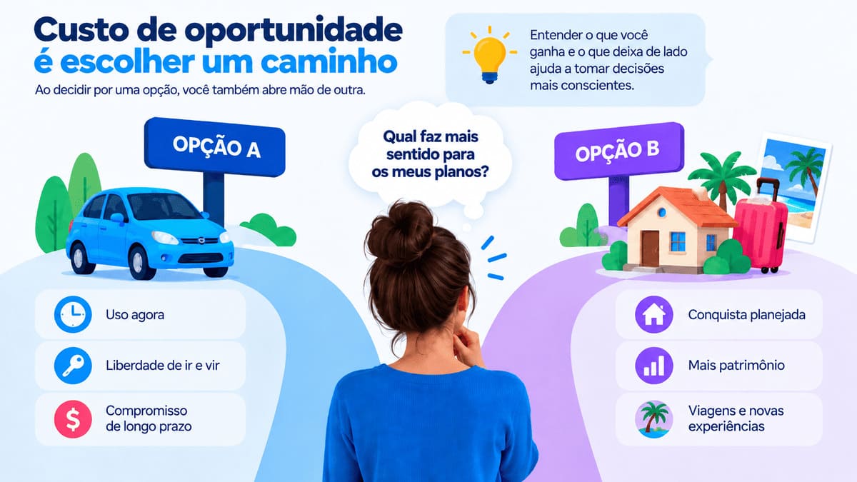 Infográfico sobre escolhas e caminhos para entender o custo de oportunidade.