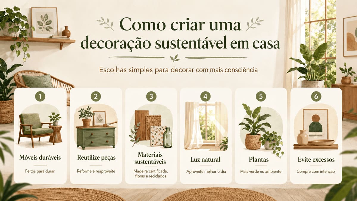 Infográfico com dicas práticas para criar uma decoração sustentável em casa.