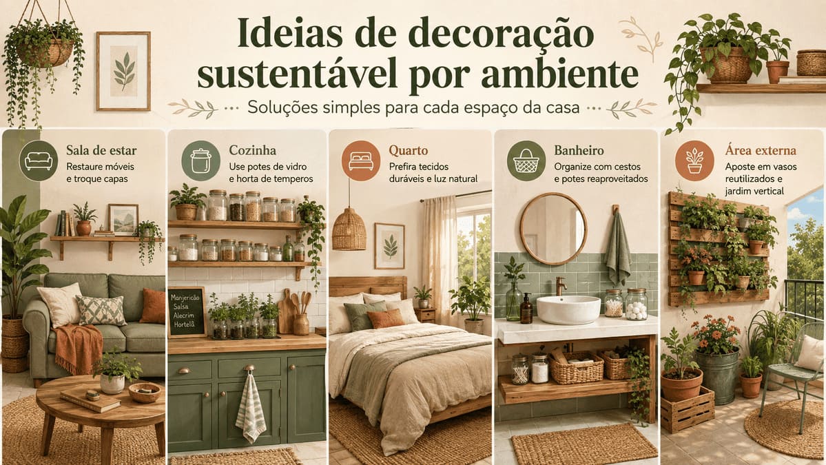 Infográfico com ideias de decoração sustentável para cada espaço da casa.