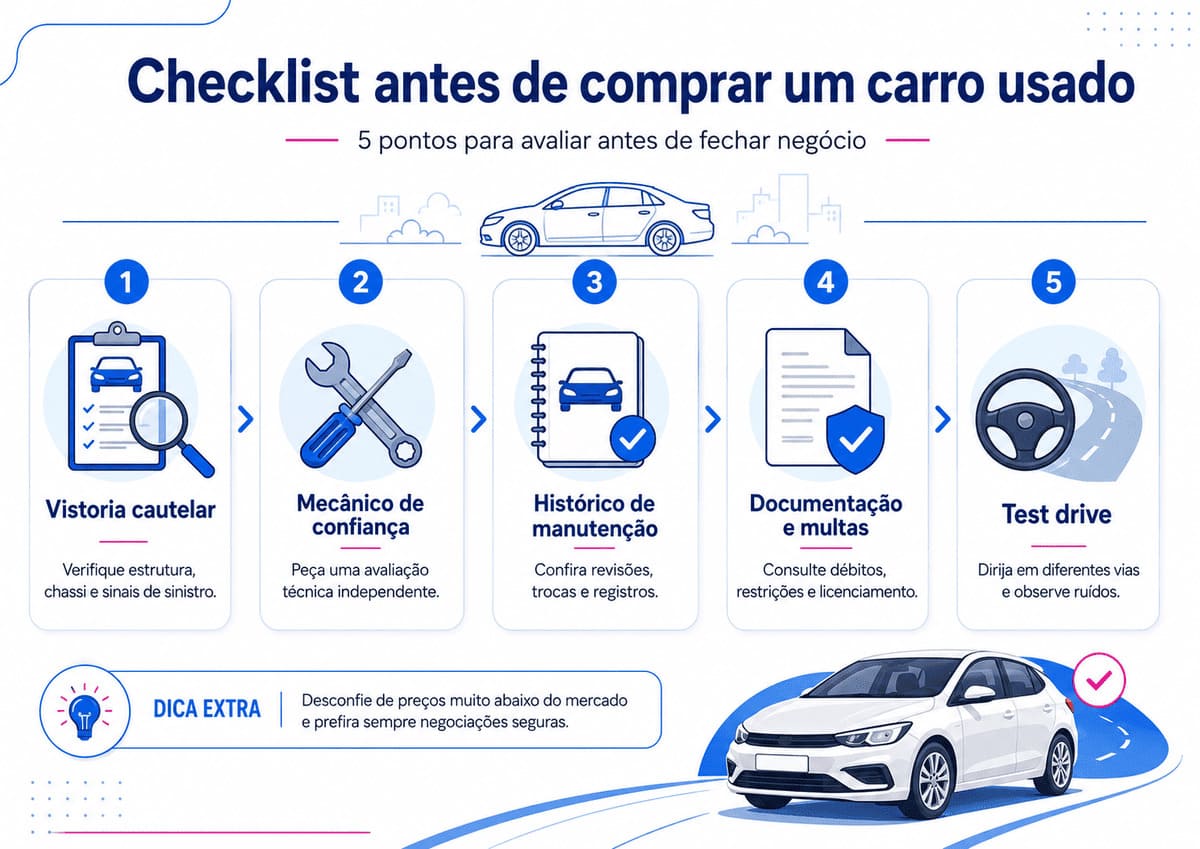 Infográfico com checklist de vistoria e dicas de garantia de carro usado.
