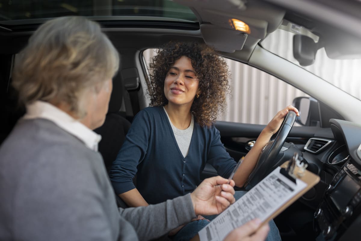 Mulher no volante conversando com instrutor sobre licenciamento de veículos.