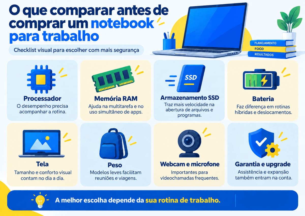 Infográfico com checklist de componentes para o melhor notebook para trabalho.